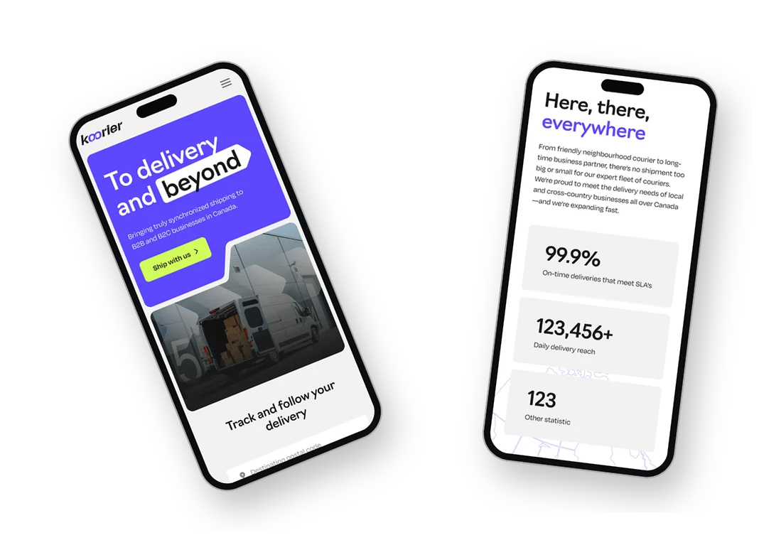 Korrier website shown on two phones, an example of a responsive Aully website