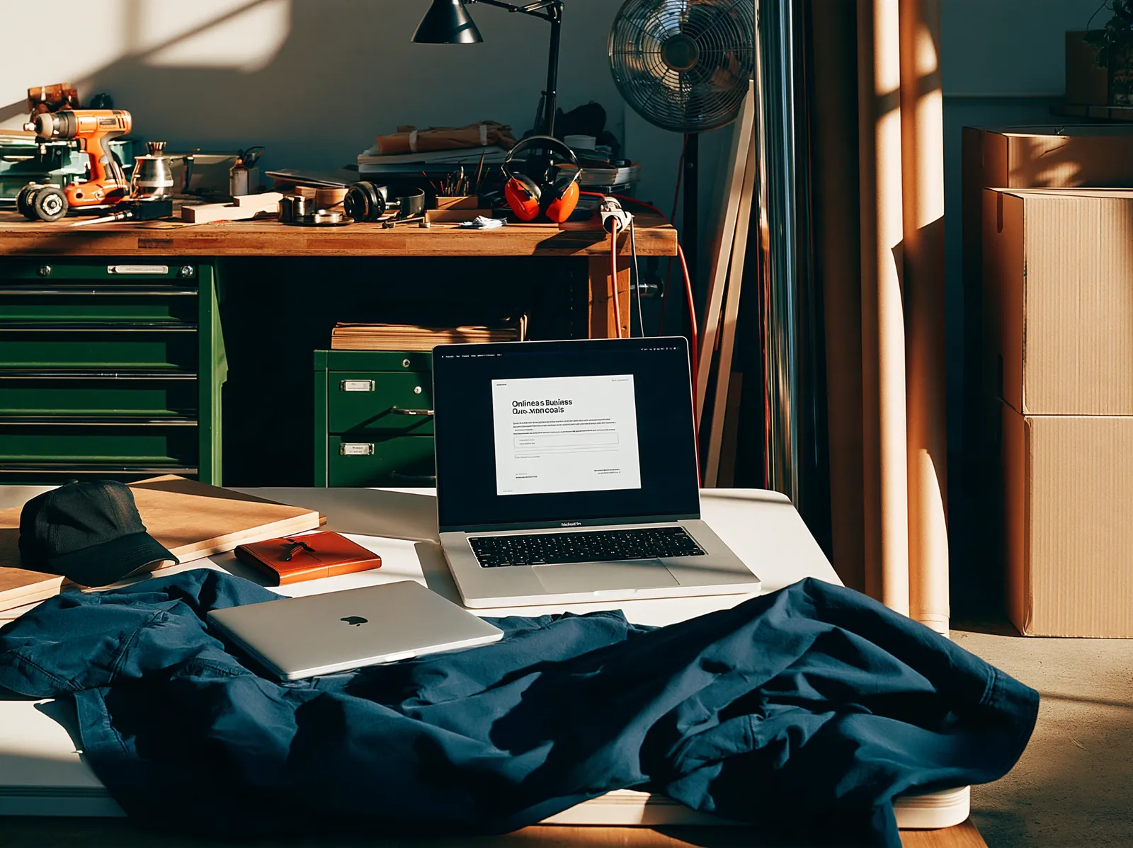 Laptop on a workshop table showing Aully's online business questionnaire, where onboarding happens online