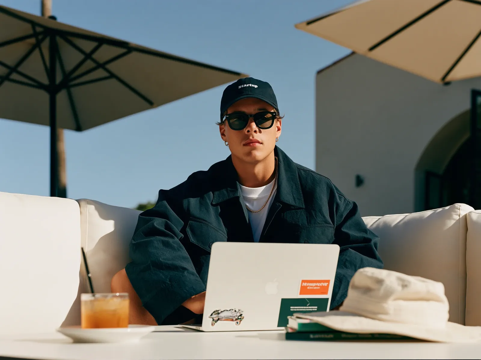 Business owner reviewing their website on a laptop outdoors while Aully manages hosting and care